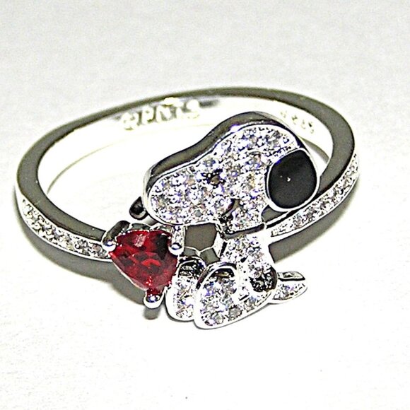 Snoopy Peanuts Sterling Silver Ring With Red CZ Heart, Inlaid Crystals, Size 7 - Picture 6 of 6